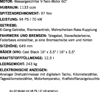 Motor: Wassergekühlter V-Twin-Motor 60  Hubraum: 1133 ccm Spitzendrehmoment: 97 Nm LEISTUNG: 94 PS   70 kW Getriebe:    